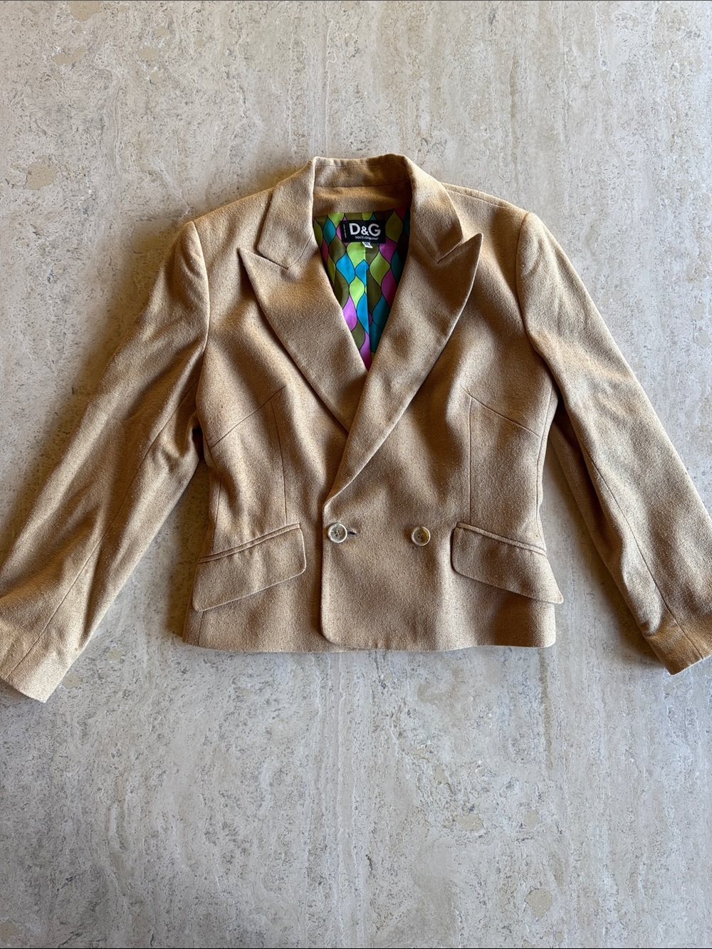 Dolce and Gabbana raw silk double breasted cropped blazer. Tan. Size-XS-S